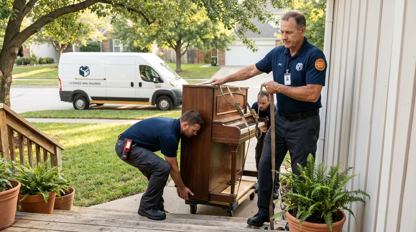 Licensed piano movers securing grand piano in New Prague, MN