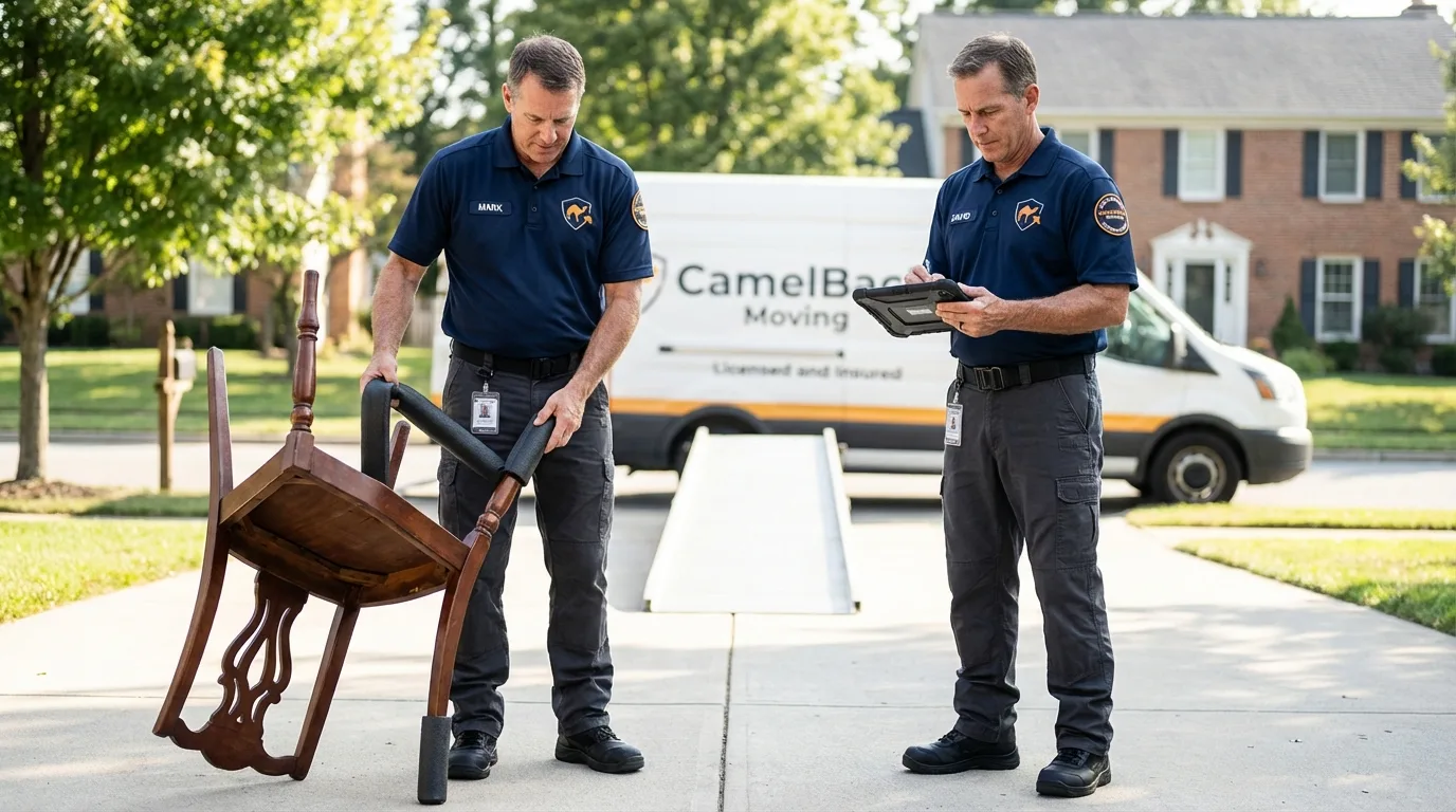 Movers inspecting furniture for damage prevention before loading in New Prague, MN