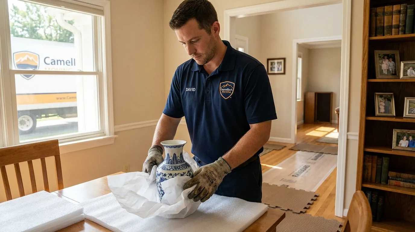 Professional crew carefully wrapping antique vase for senior downsizing move in New Prague, MN